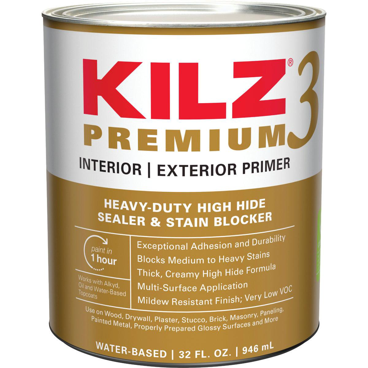 KILZ 3 Premium Water-Base InteriorExterior Sealer Stain Blocking Primer White 1 Qt