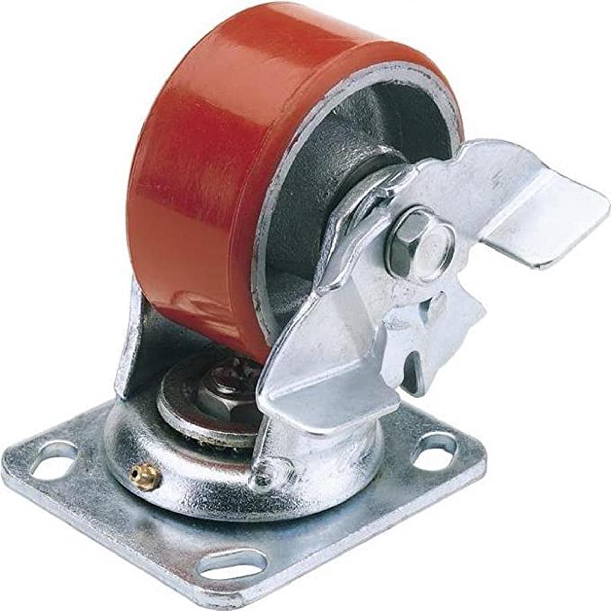 Draper 65533 Swivel Plate Fixing Heavy Duty Polyurethane Wheel with Brake, 200mm Dia