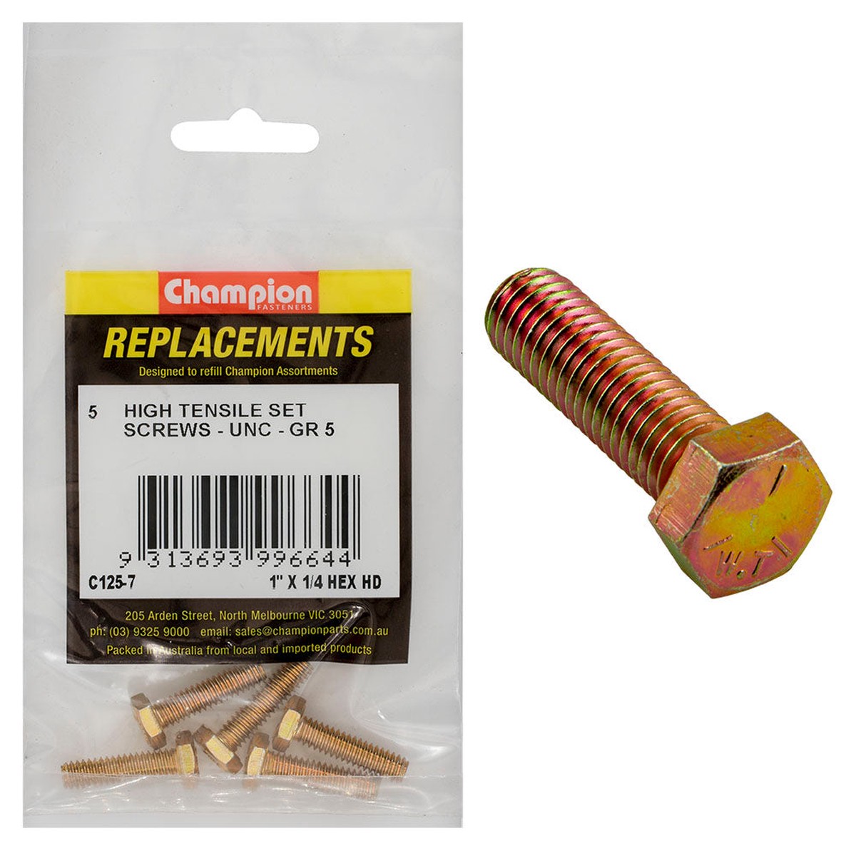 Champion 1/4in x 1in UNC Set Screw -Gr5 -5pk