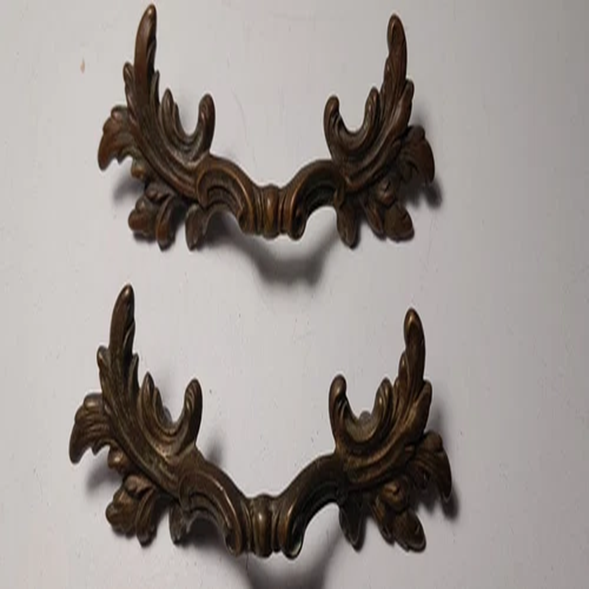 VINTAGE ANTIQUE BRASS DRAWER PULLS, FRENCH PROVENTIAL LEAF SET OF 2