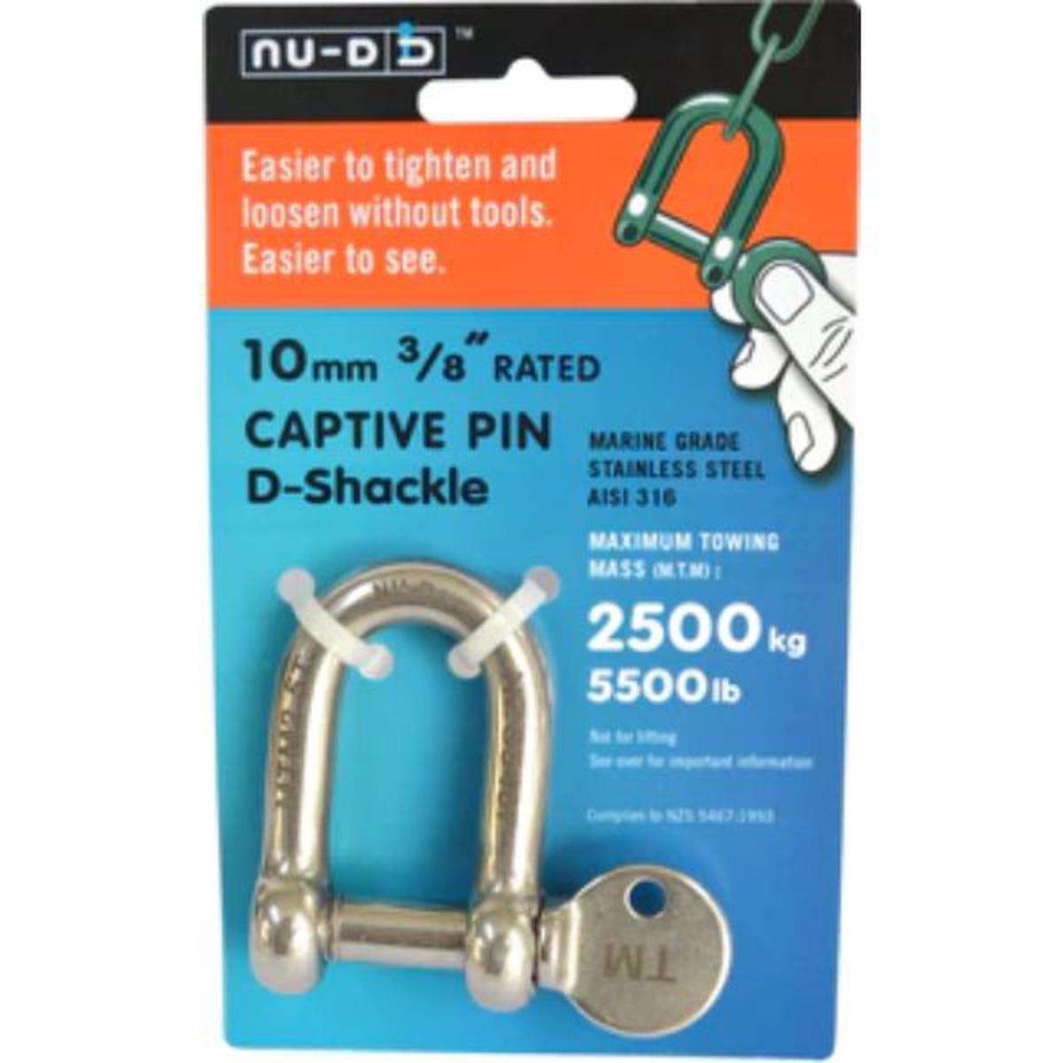 NU-D D Shackle Easy Tighten/Loosen Stainless Tested 2500Kg 10mm