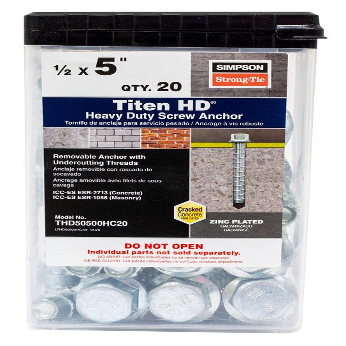 Simpson Strong-Tie Titen HD THD50500HC20 Heavy-Duty Screw Anchor, 1/2 in Dia, 5 in L, Carbon Steel, Zinc Plated
