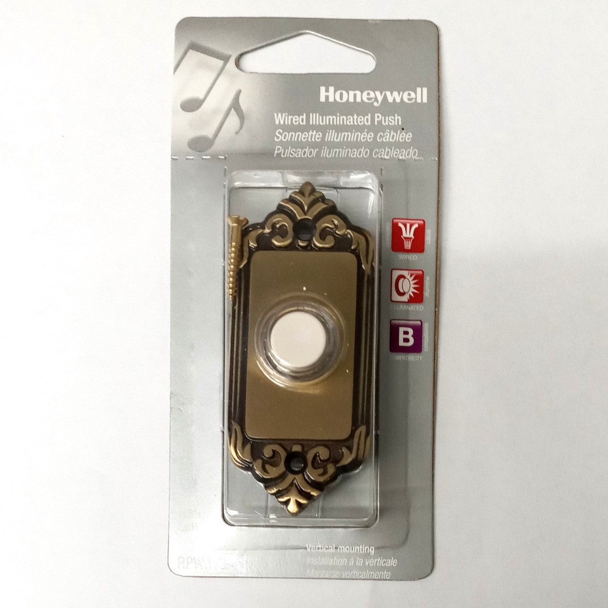 Honeywell RPW316A Brass Wired Illuminated Push Door Bell Button