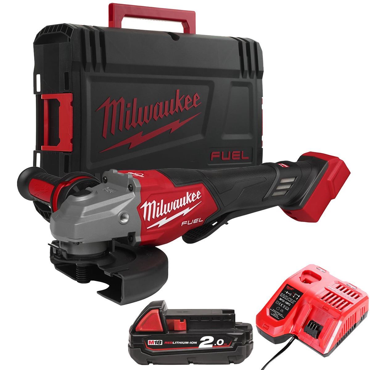 Milwaukee M18FHSAG125XPDB2-0X 18V 125mm Angle Grinder with 1 x 2.0Ah Battery Charger & Case