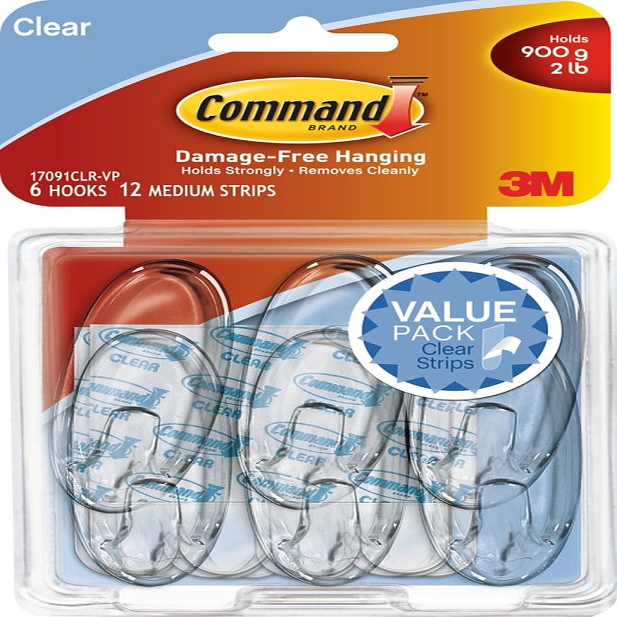 Command 17091CLR-VP Adhesive Hook 2 lb 6-Hook Plastic Clear Pack of 2