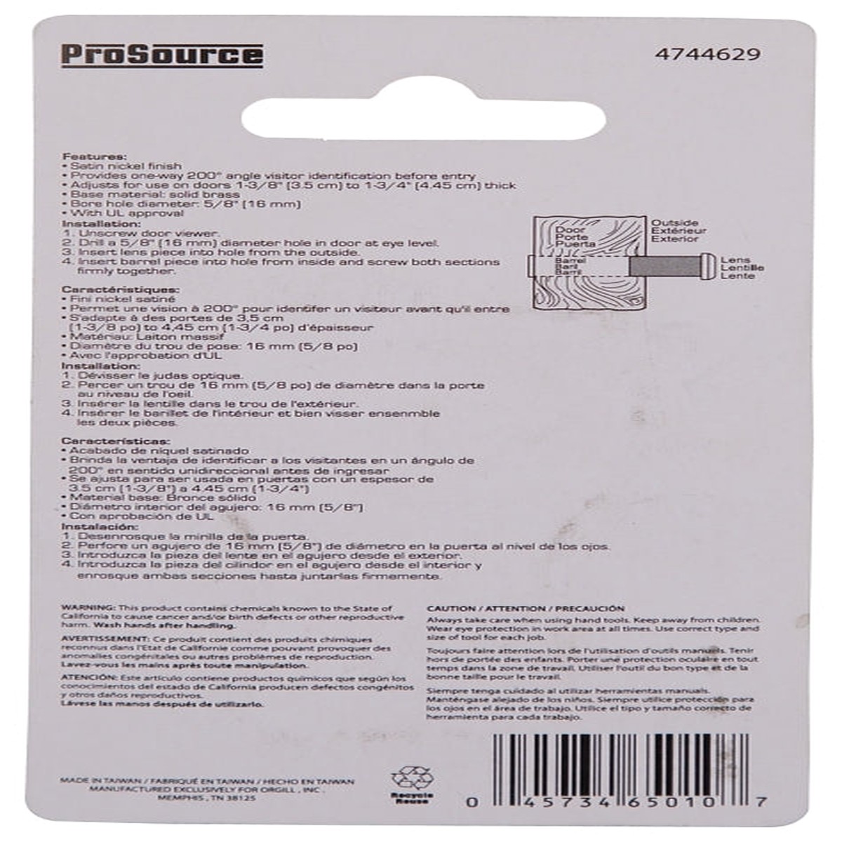 ProSource LR-002SN-PS Door Viewer 200 deg Viewing 1-38 to 1-34 in Thick Door Solid Brass Satin Nickel