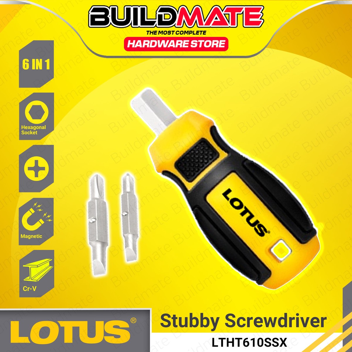 BUILDMATE Lotus 6in1 Stubby Screwdriver Multifunction Mini Screw Driver with Interchangeable Bits 6 in 1 Driver Multi Hand Tool LTHT610SSX - LHT