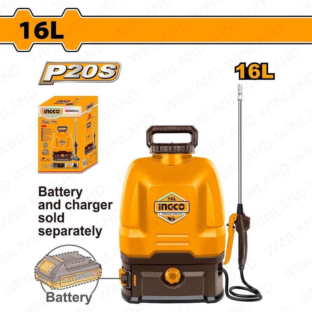 Ingco by Winland P20S/20V 16L Lithium-Ion Knapsack Garden Disinfectant Backpack Sprayer CSPLI2016