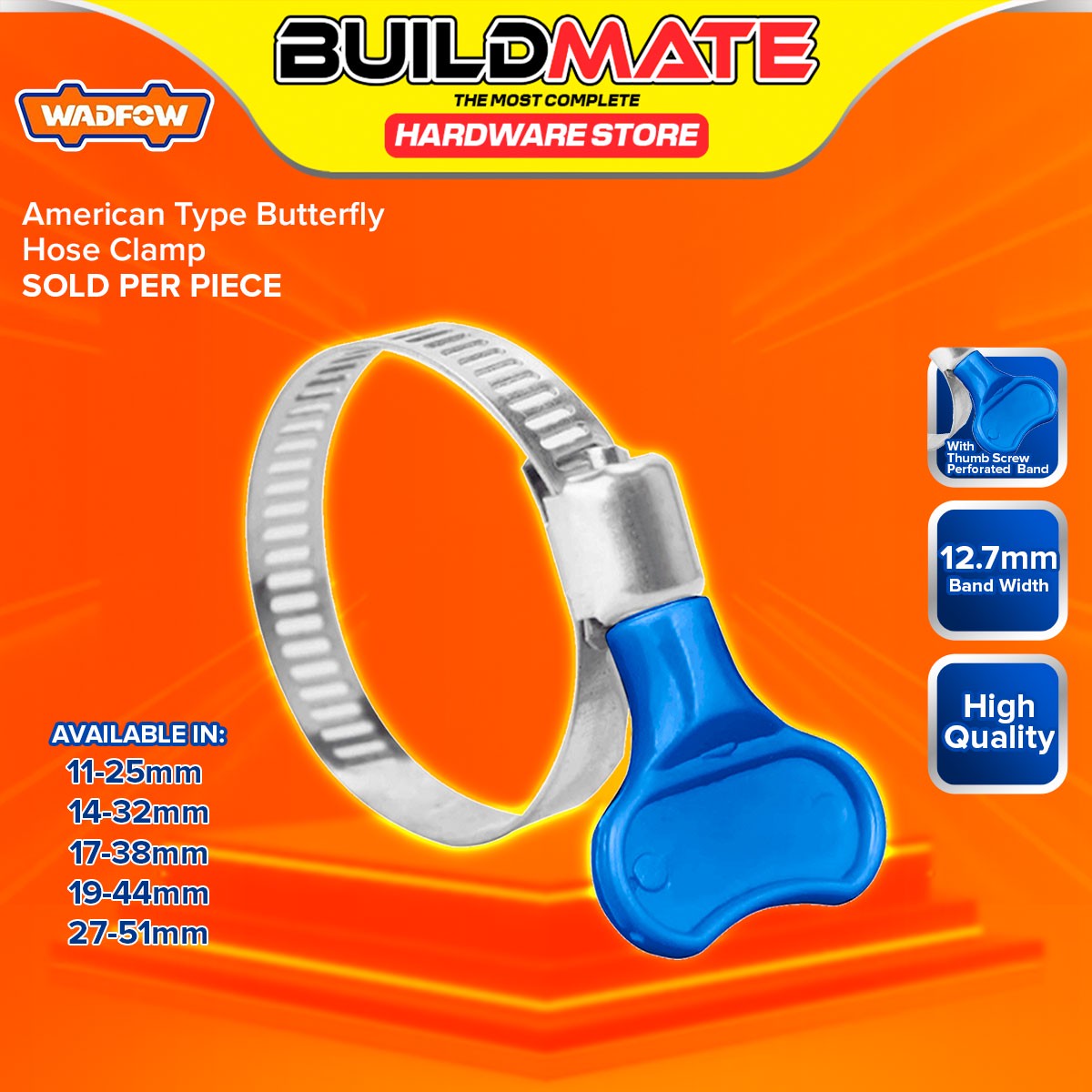 BUILDMATE Wadfow American Type Butterfly Hose Clamp 12.7mm Band Width Fastening Band Nut Easy Tighten Screw Hose Clamp - WHT