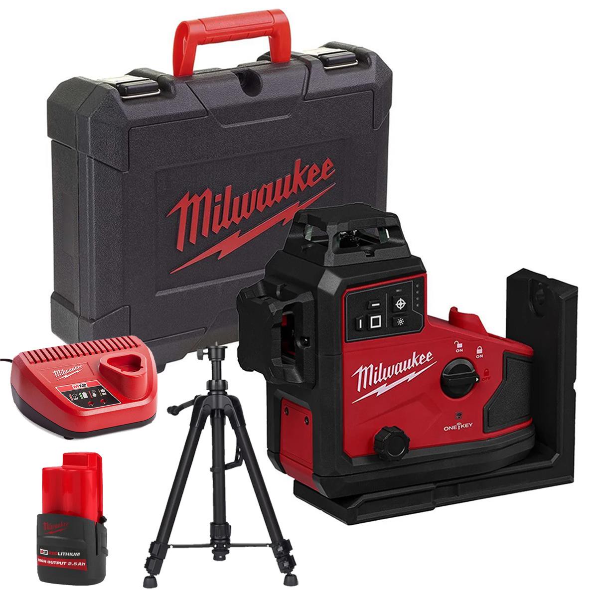 Milwaukee M12A3PLO-0C 12V M12 Green Auto Alignment 360 3 Plane Laser with 1 x 2.5Ah Battery Charger Case & Laser Tripod