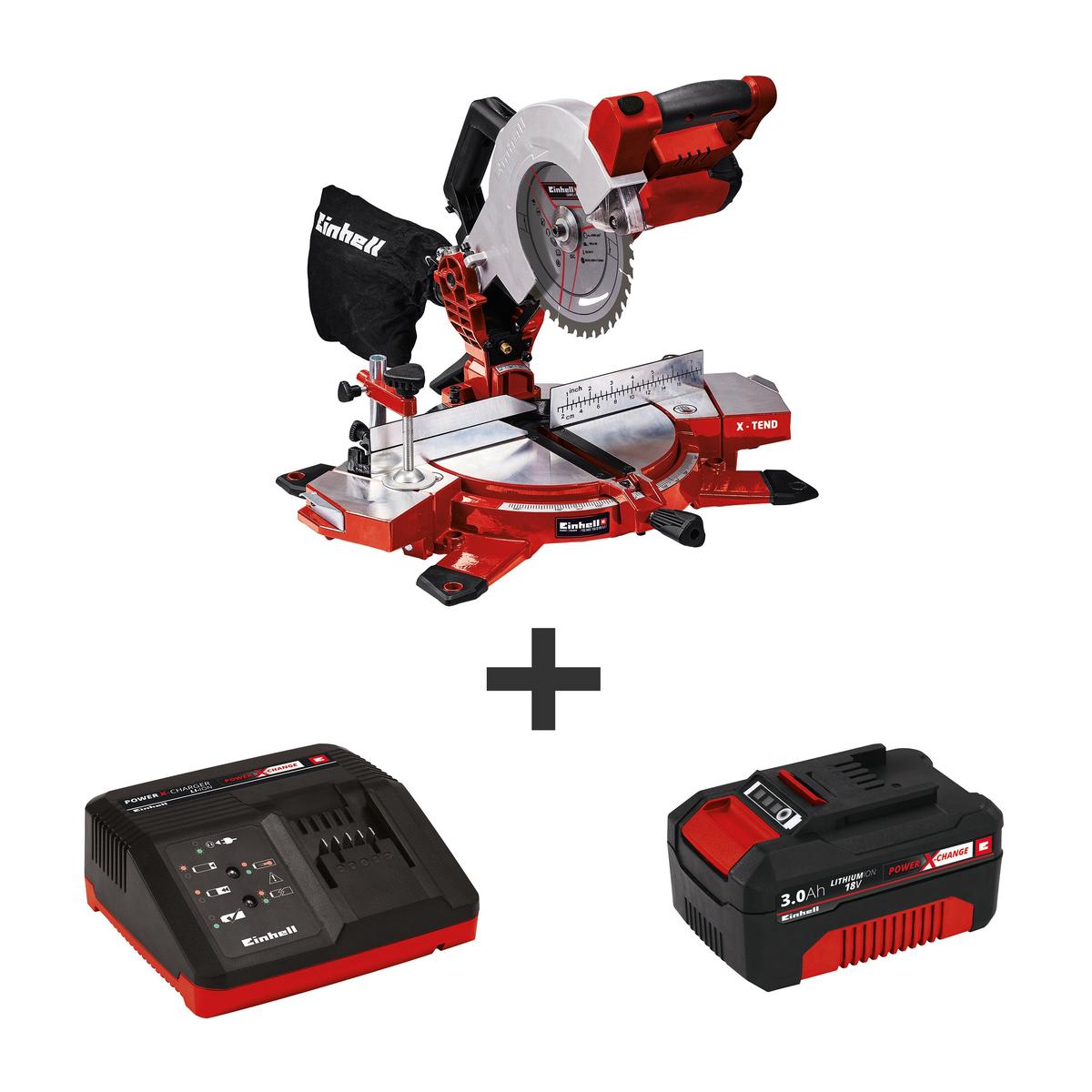 EINHELL TE-MS Power X-Change 18-Volt Cordless 8.5-Inch 3,000-RPM Compound Single-Bevel Miter Saw, w/ LED Lamp, Laser Guide and 40-Tooth Saw Blade, Saw Dust Bag, X-Tend workpiece support, Cross Cutting