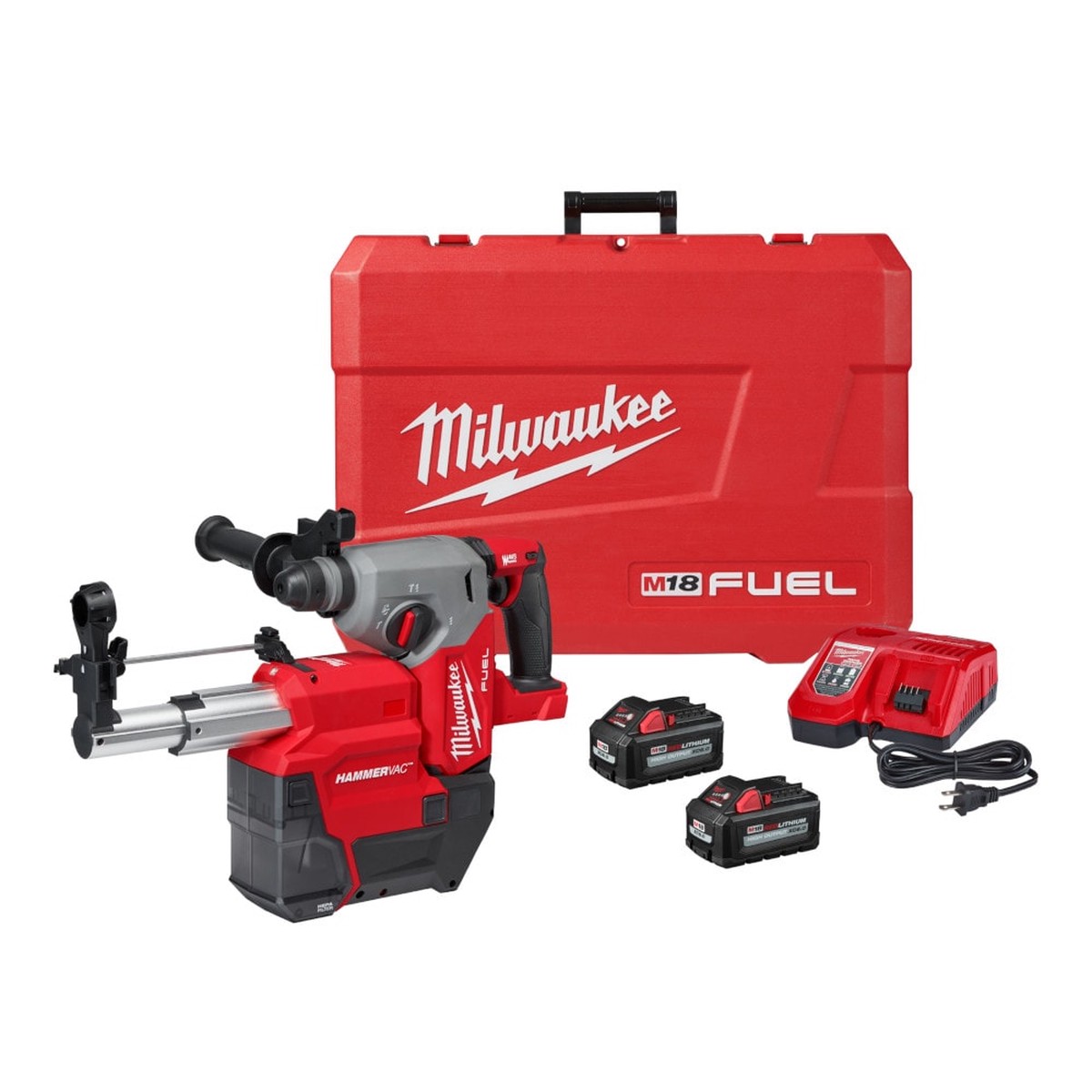 Milwaukee 2912-22DE M18 FUEL 18V Li-Ion 1" Cordless SDS-Plus Rotary Hammer with Dust Extractor Kit, Two 6.0 Ah Batteries