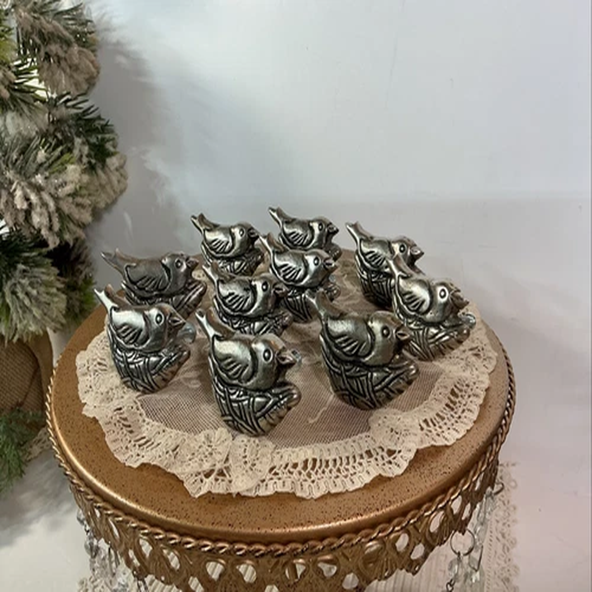 (10) BIRDS IN NEST DRAWER PULLS~ Silver Metal Pewter Tone Antique Look ~10 Piece