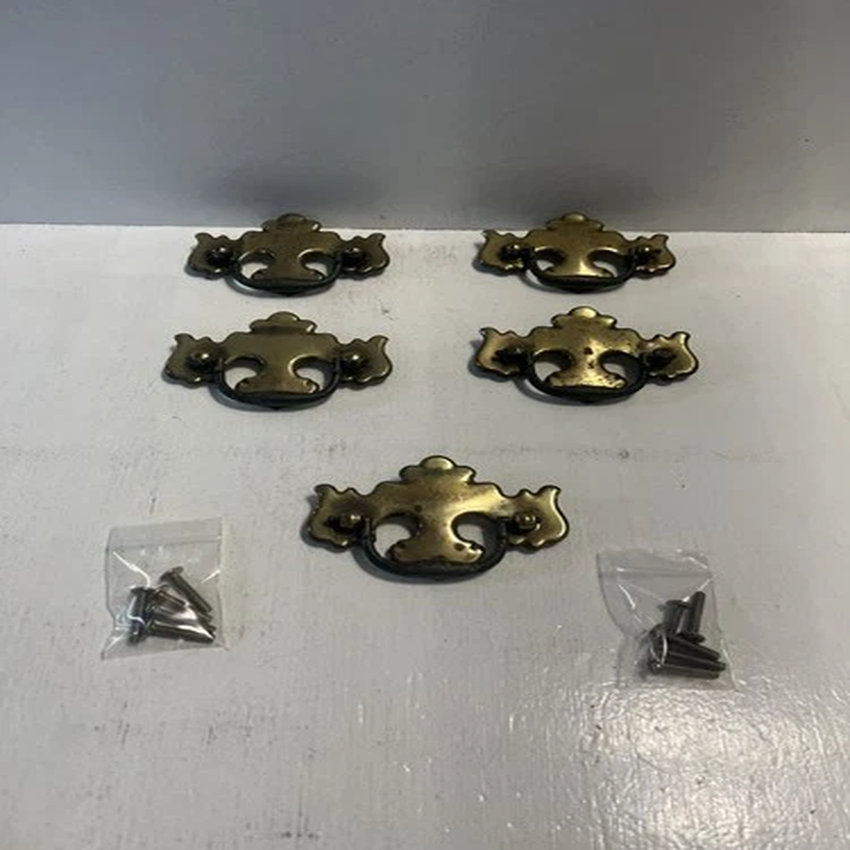 - (5) Brass Colored Drawer Pulls Vintage Salvage Hardware Furniture Some Wear