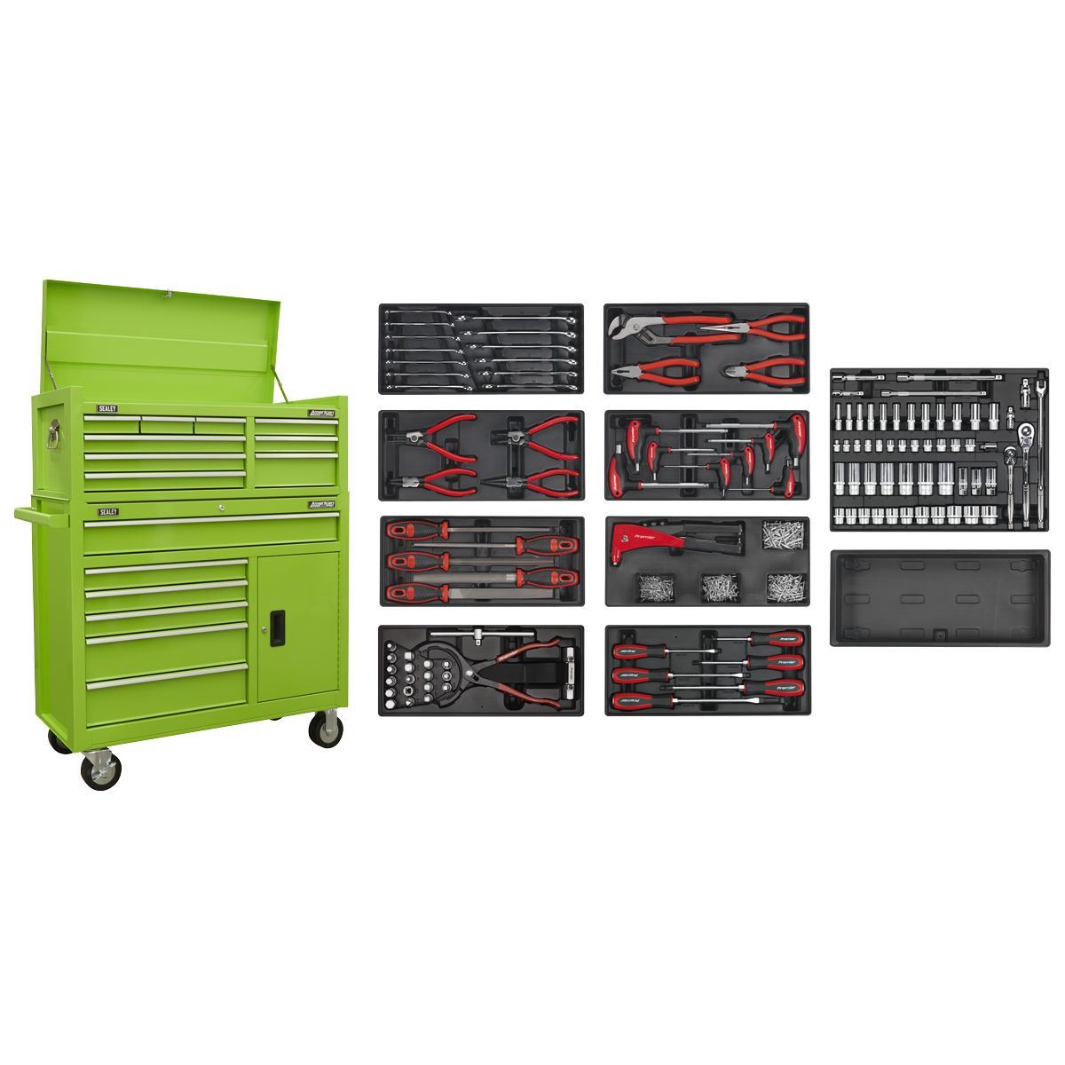 Sealey AP41STACKHVCOMBO Tool Chest Combination 15 Drawer with 117pc Tool Kit Green