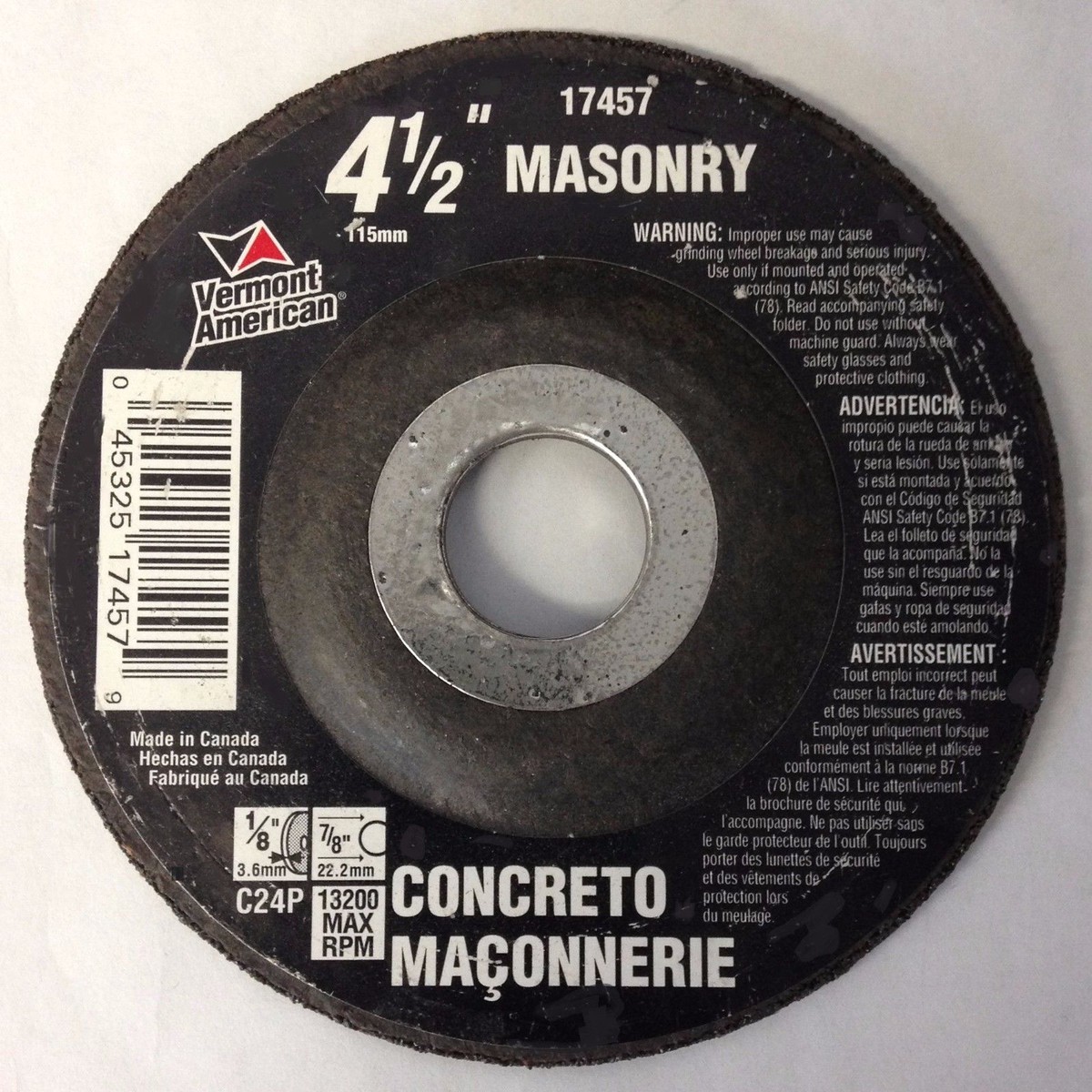 Vermont American 17457 4-1/2" x 1/8" x 7/8" Masonry Grinding Wheel Canada