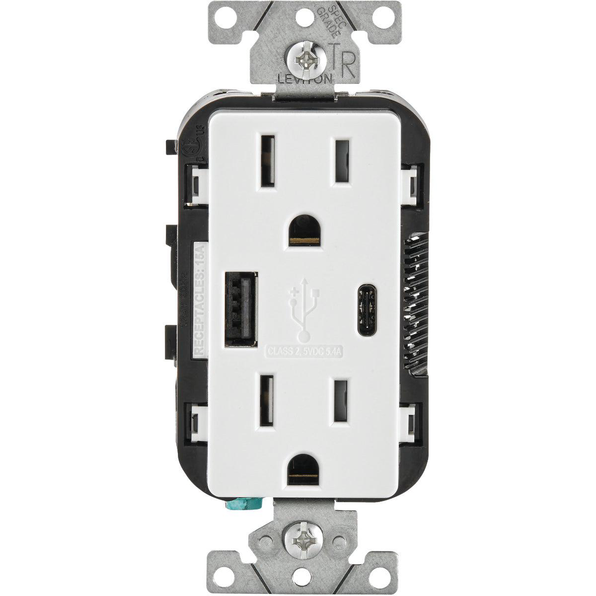 Leviton Decora 51A 5V White Type AType C USB Charging Outlet with 5-15R Tamper Resistant Duplex Outlet