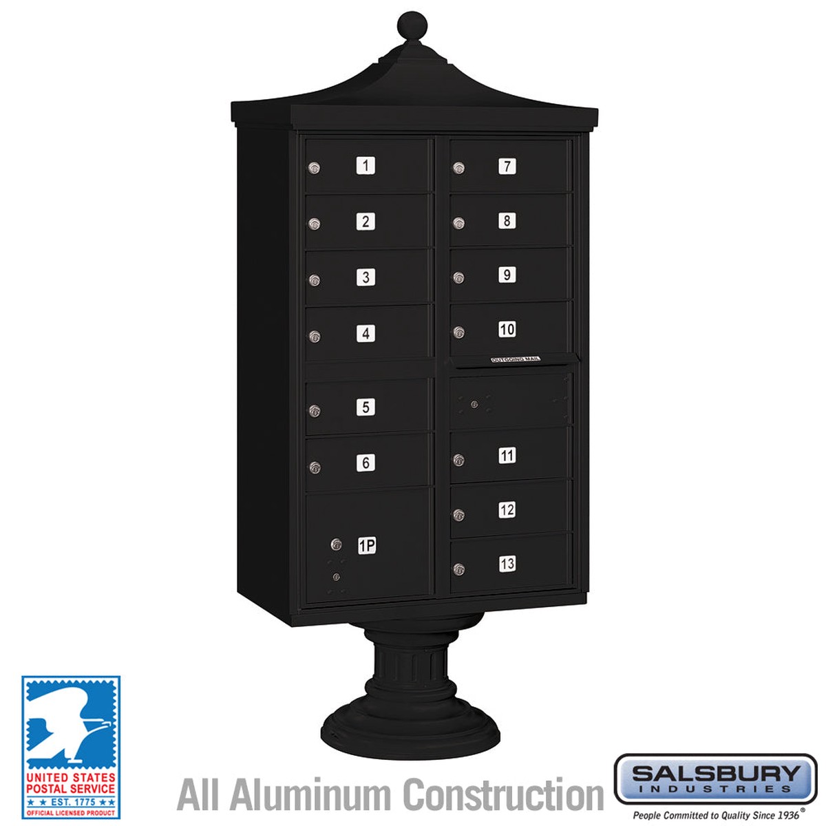 Regency Decorative Cluster Box Unit with 13 Doors and 1 Parcel Locker in Black with USPS Access Type IV