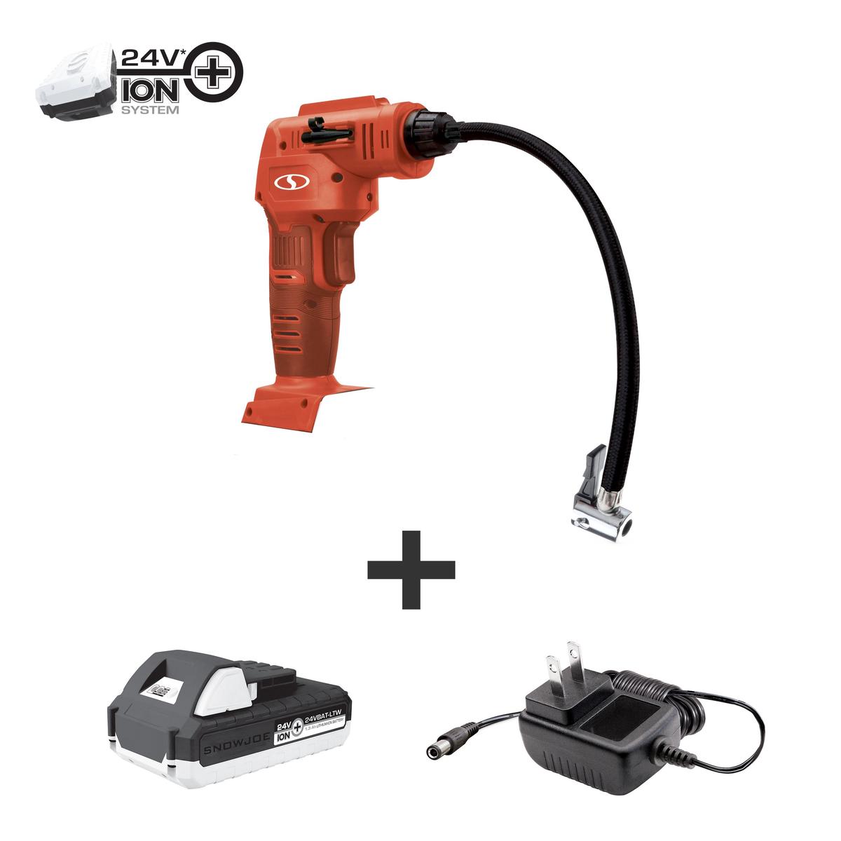Sun Joe 24V-AJC-LTW-RED-RM 24-Volt iON+ Cordless Portable Air Comporessor Kit | W/ 1.3-Ah Battery, Charger, Storage Bag, and Nozzle Adapters (Red, Certified Refurbished)