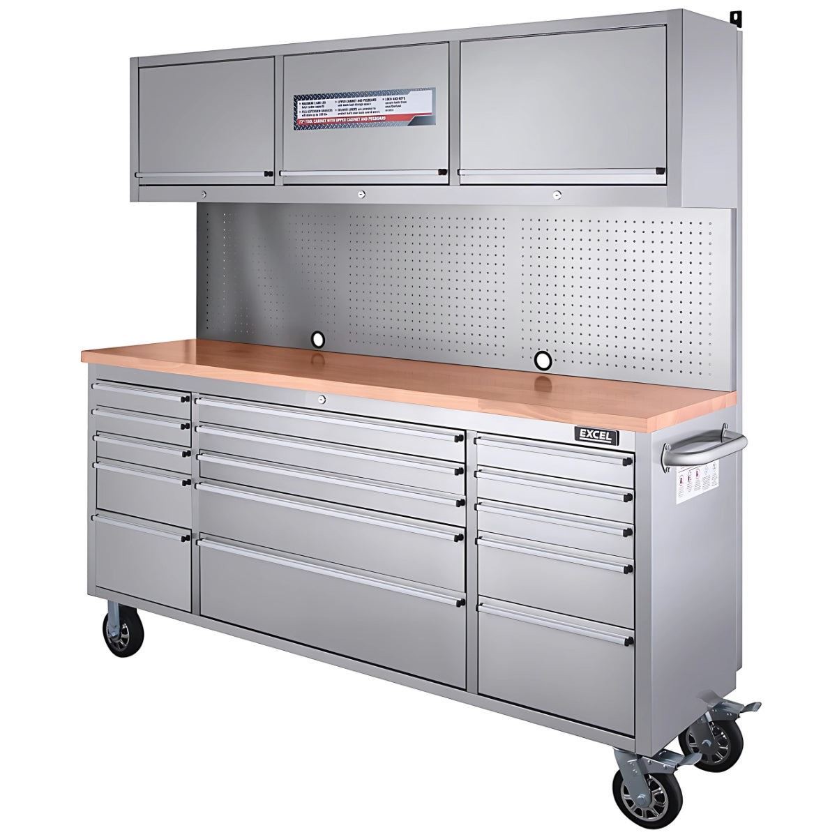 Excel 72" 15 Drawer Stainless Steel Tool Chest with 3 Overhead Cabinets