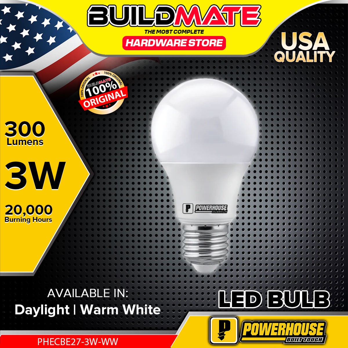BUILDMATE Powerhouse Electric LED Classic Light Bulb E27 3W 6500K DayLight / 3000K Warm White SOLD PER PIECE PHECBE27-3W - PHE