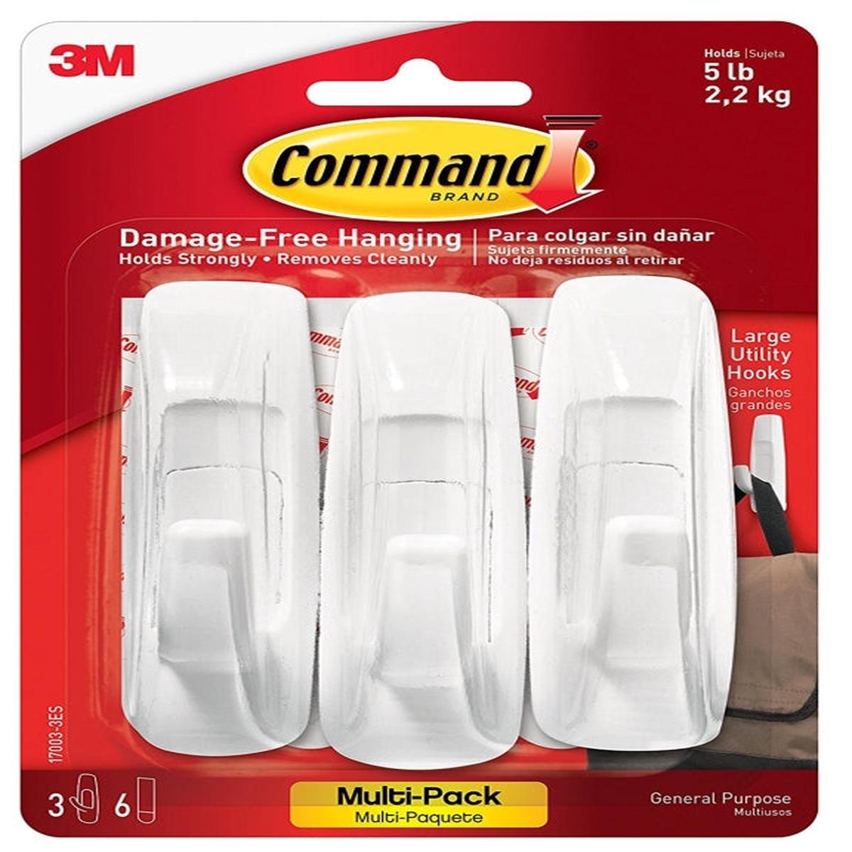 Command 17003-VP-3PK Utility Hook 78 in Opening 5 lb 3-Hook Plastic White