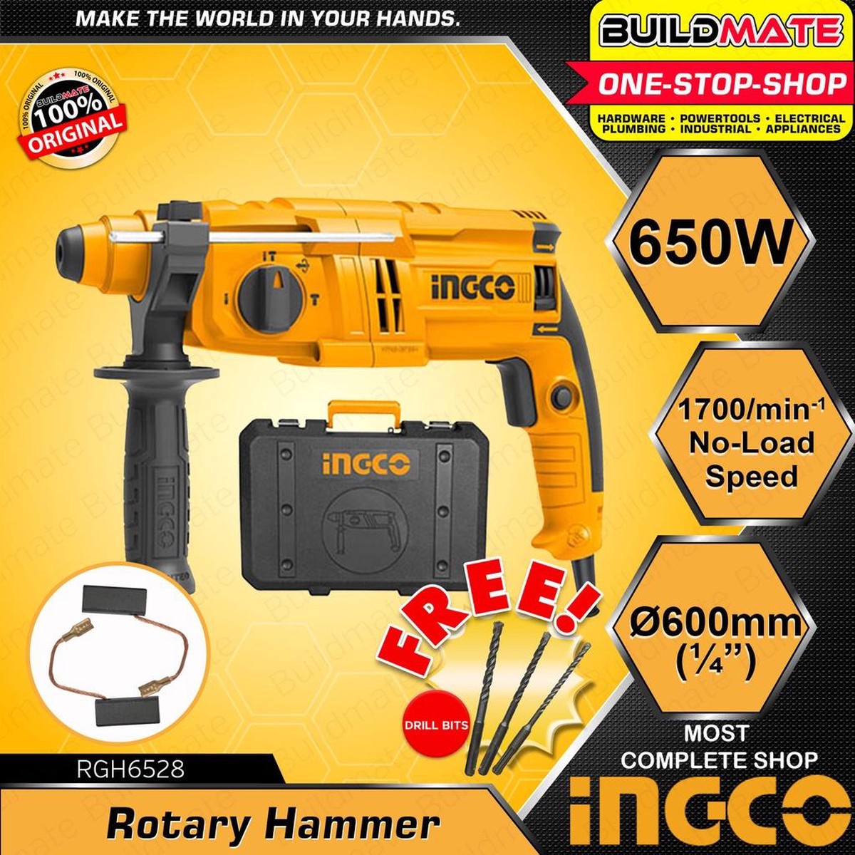 BUILDMATE Ingco Industrial Rotary Hammer Drill Heavy Duty SDS+22MM 3 Mode 650W RGH6508 | RGH6528 IPT
