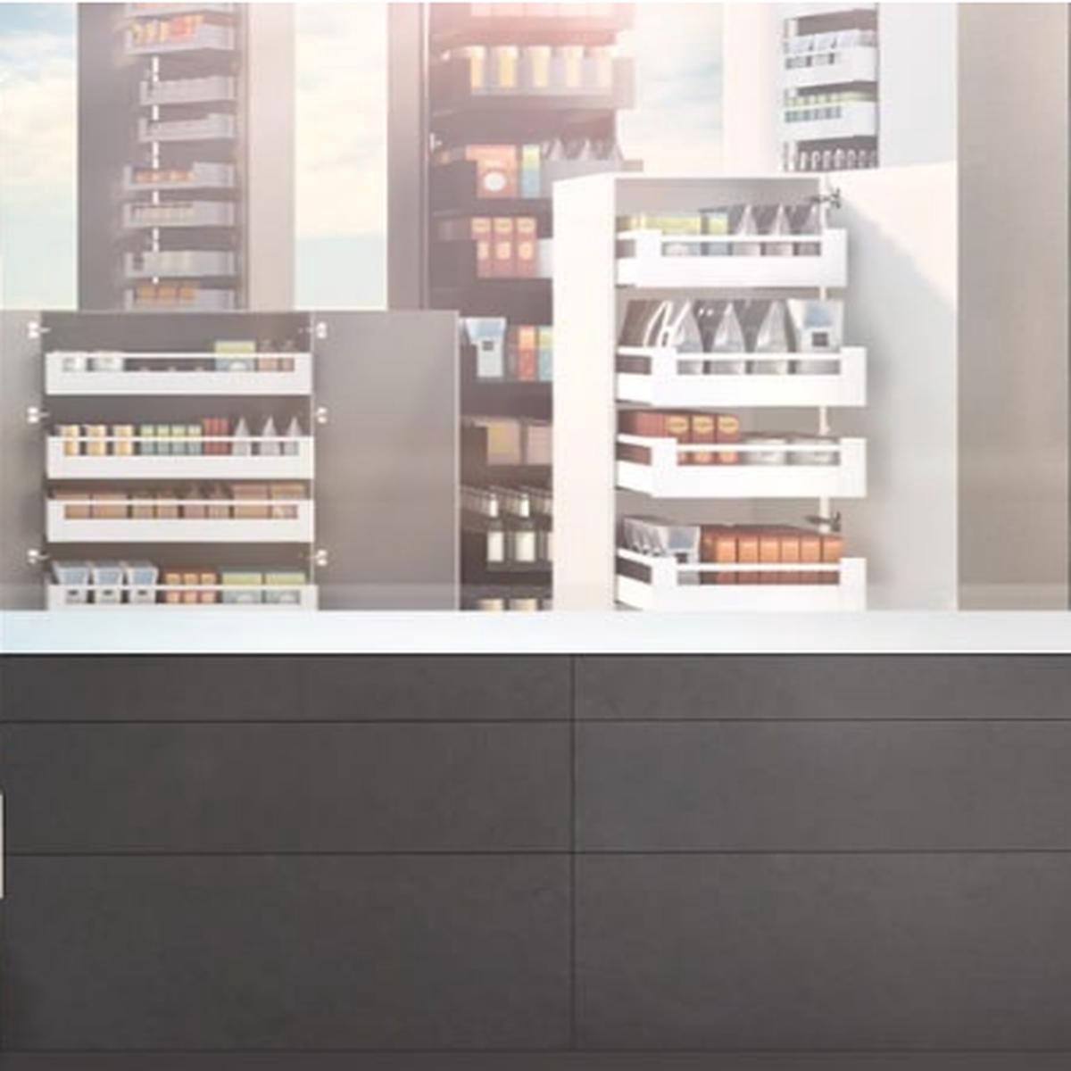 Blum Merivobox Space Tower kitset One door Length 500-550mm 5 40kg up to 275-600W 8211 Available in Silk White and Orion Grey 8211 500mm ( Silk White ) 8211 10