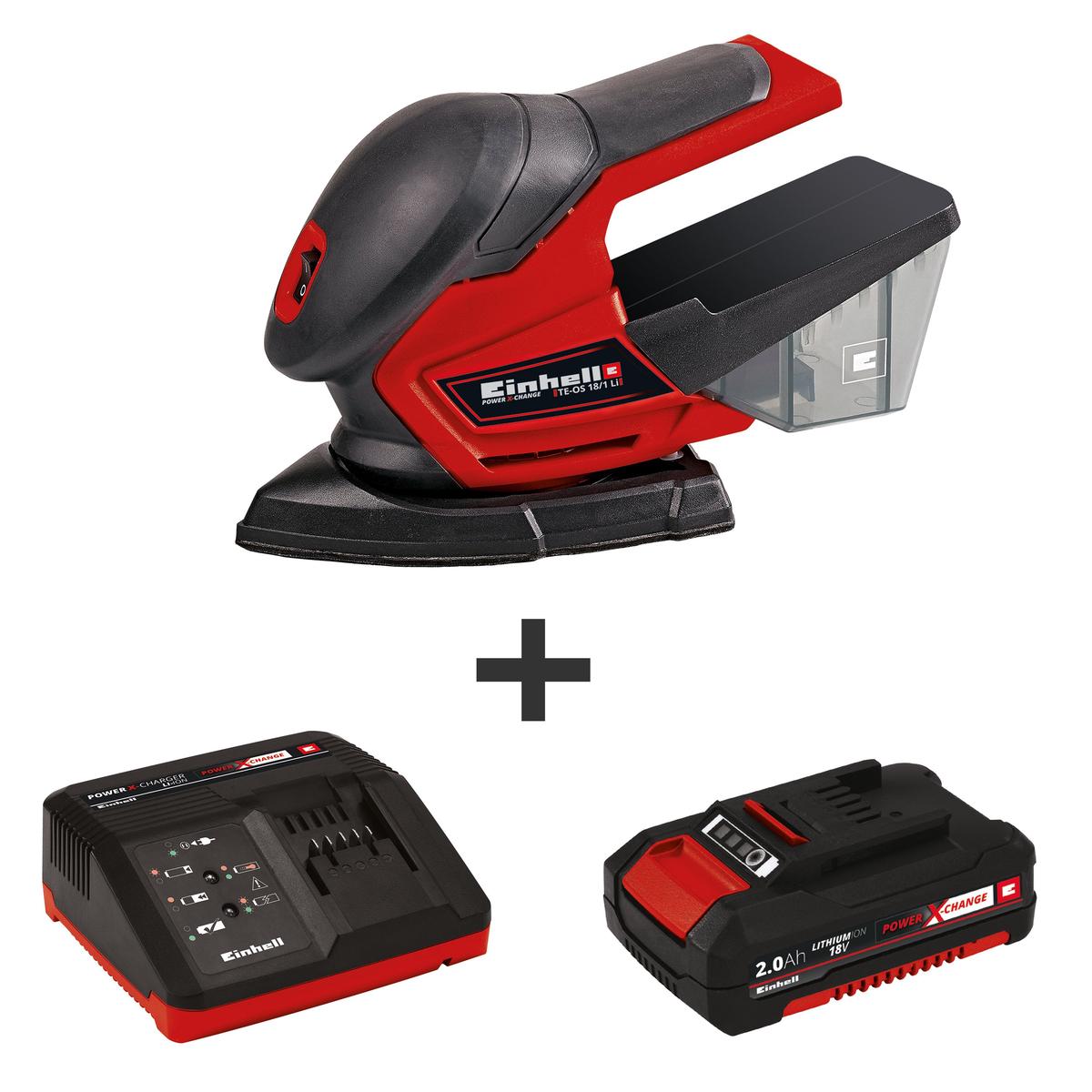 EINHELL TE-OS 18/1 Li Power X-Change 18-Volt Cordless 24,000-OPM Compact Detail Palm Sheet Sander w/ Dust Collection Box, Dust Extraction Adapter, 6pcs of Abrasive Paper, Kit (w/ 2.0-Ah Battery + Fast