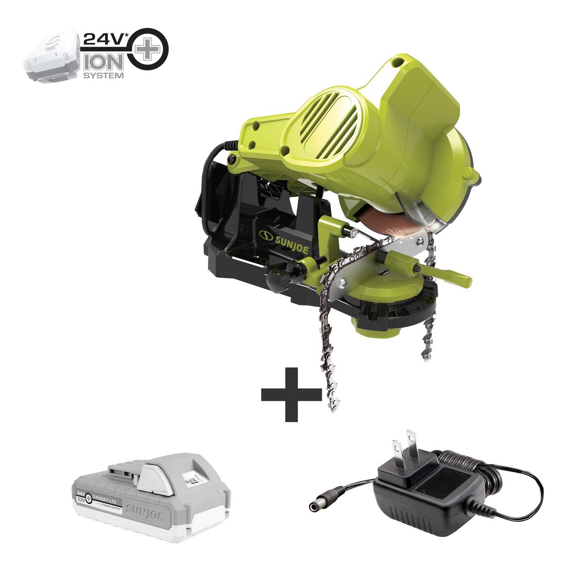 Sun Joe 24V-CSSHRP-LTE 24-Volt iON+ Cordless Mountable Chain Saw Sharpener Kit | W/ 2.0-Ah Battery and Charger