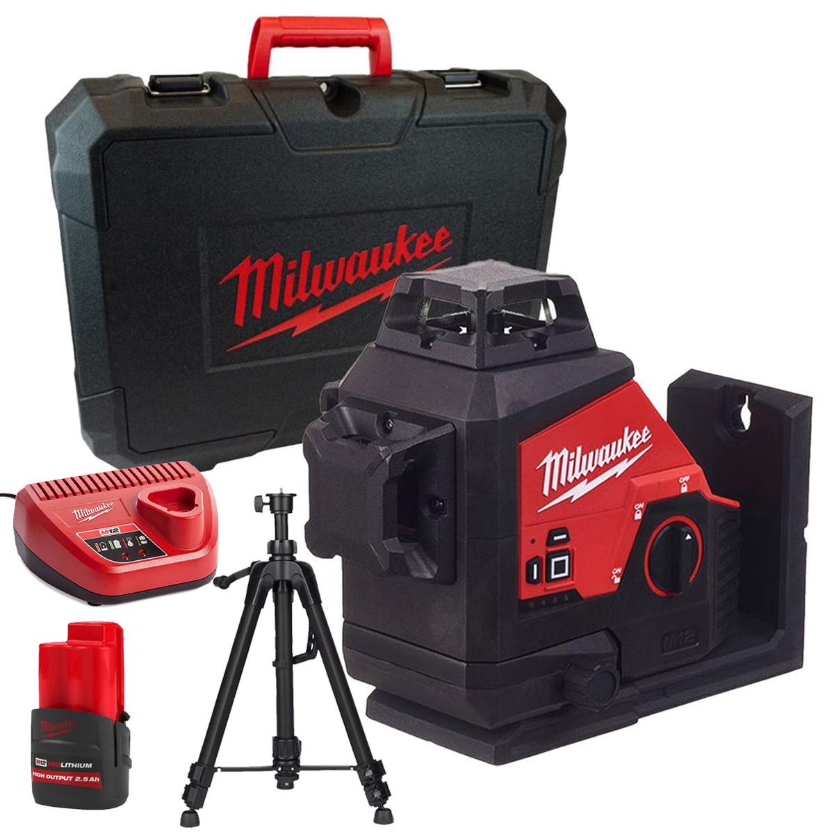 Milwaukee M123PL-0C 12V 360 3-Plane Green Laser with 1 x 2.5Ah Battery Charger Case & Laser Tripod