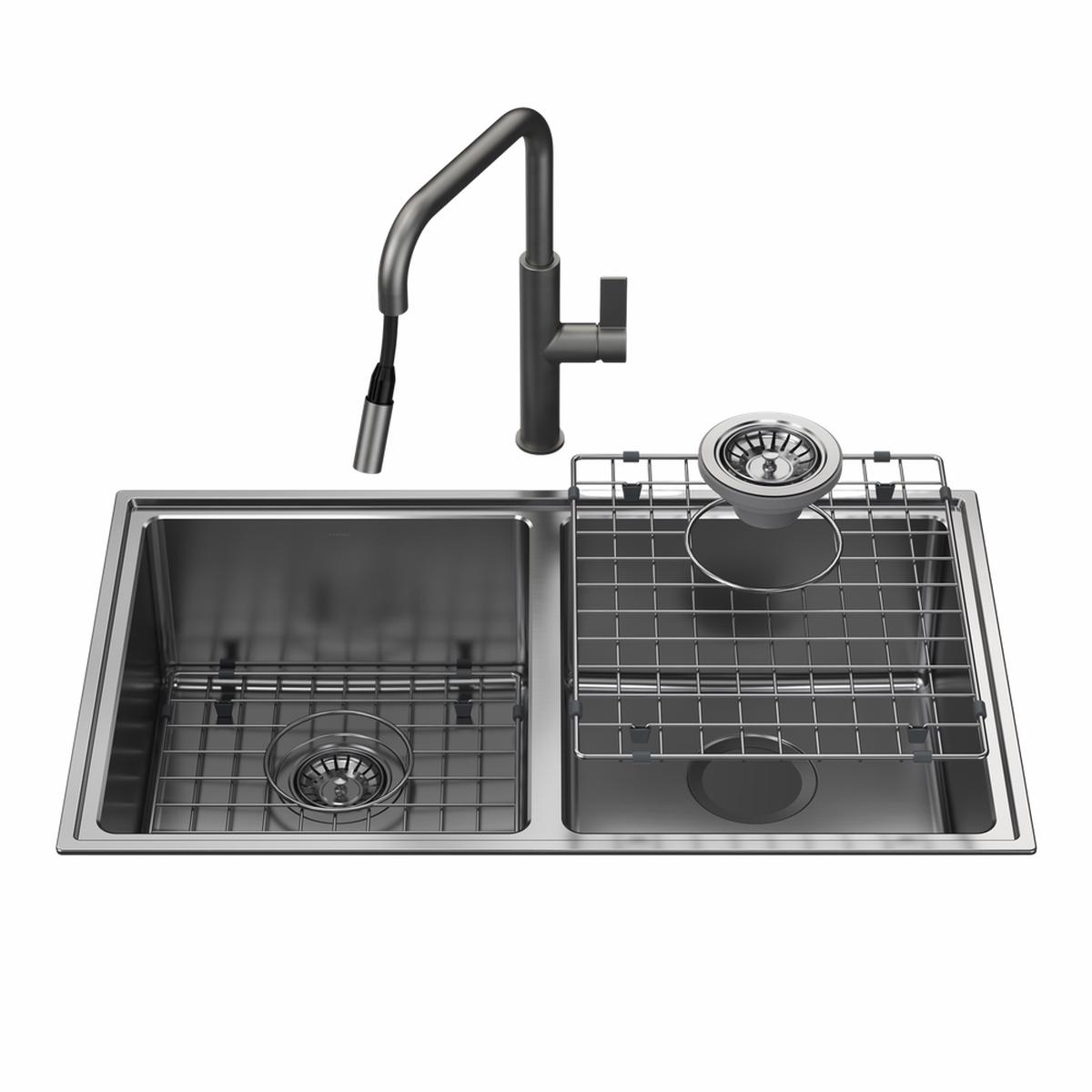 Caroma Urbane II Double Bowl Sink with Urbane II Pull Out Sink Mixer Gunmetal