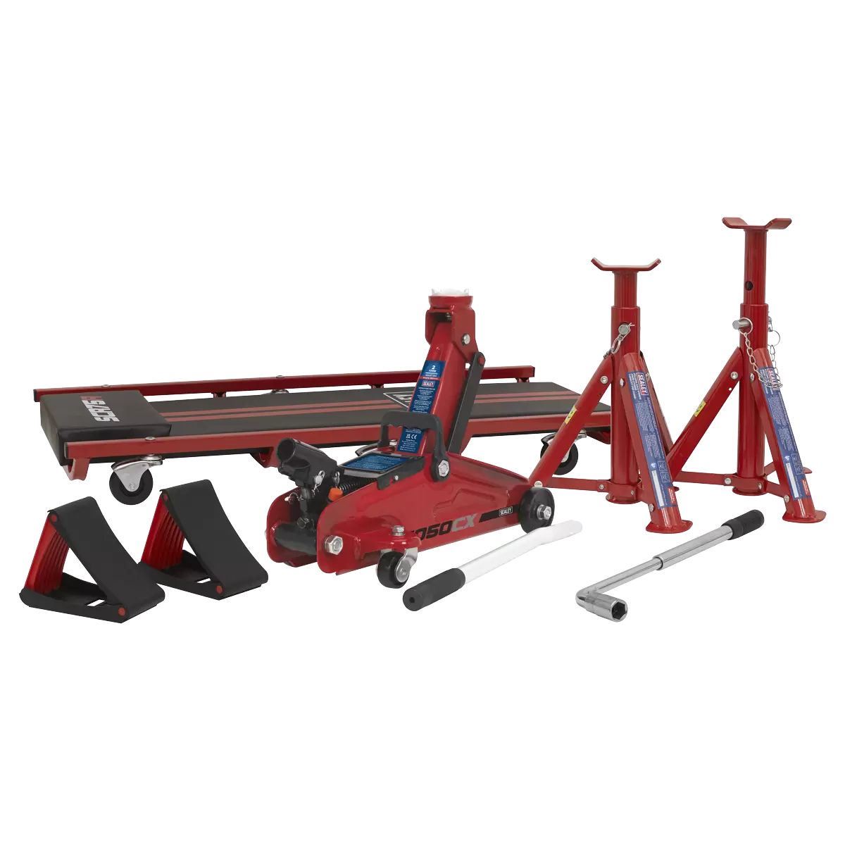 Sealey JKIT01 Lifting Kit 5pc 2tonne Jack Axle Stands Creeper Chocks & Wrench