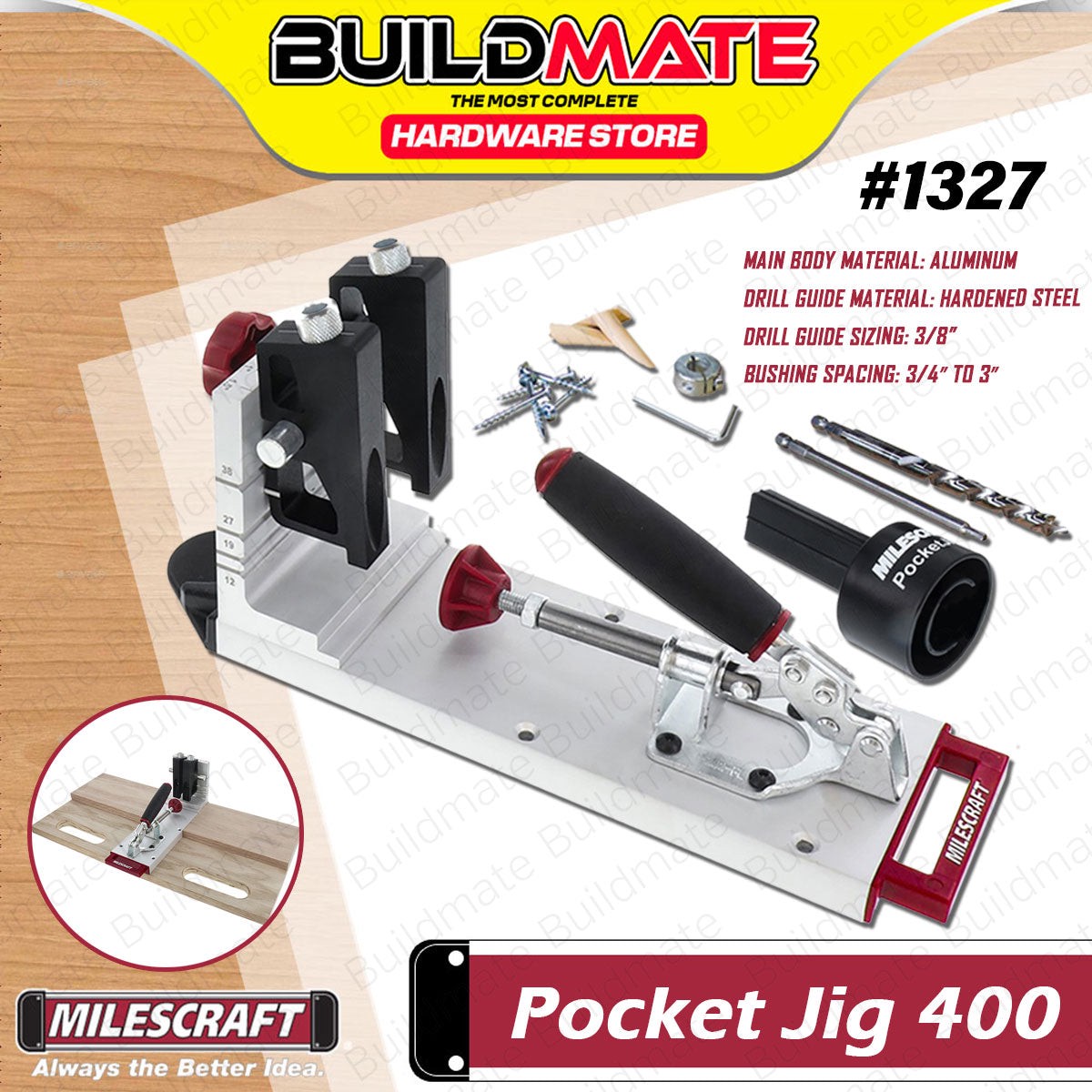 BUILDMATE Milescraft Pocket Jig 400 Woodworking Aluminum Pocket Hole Joinery Clamp Kit with Built-In Storage Drawer #1327