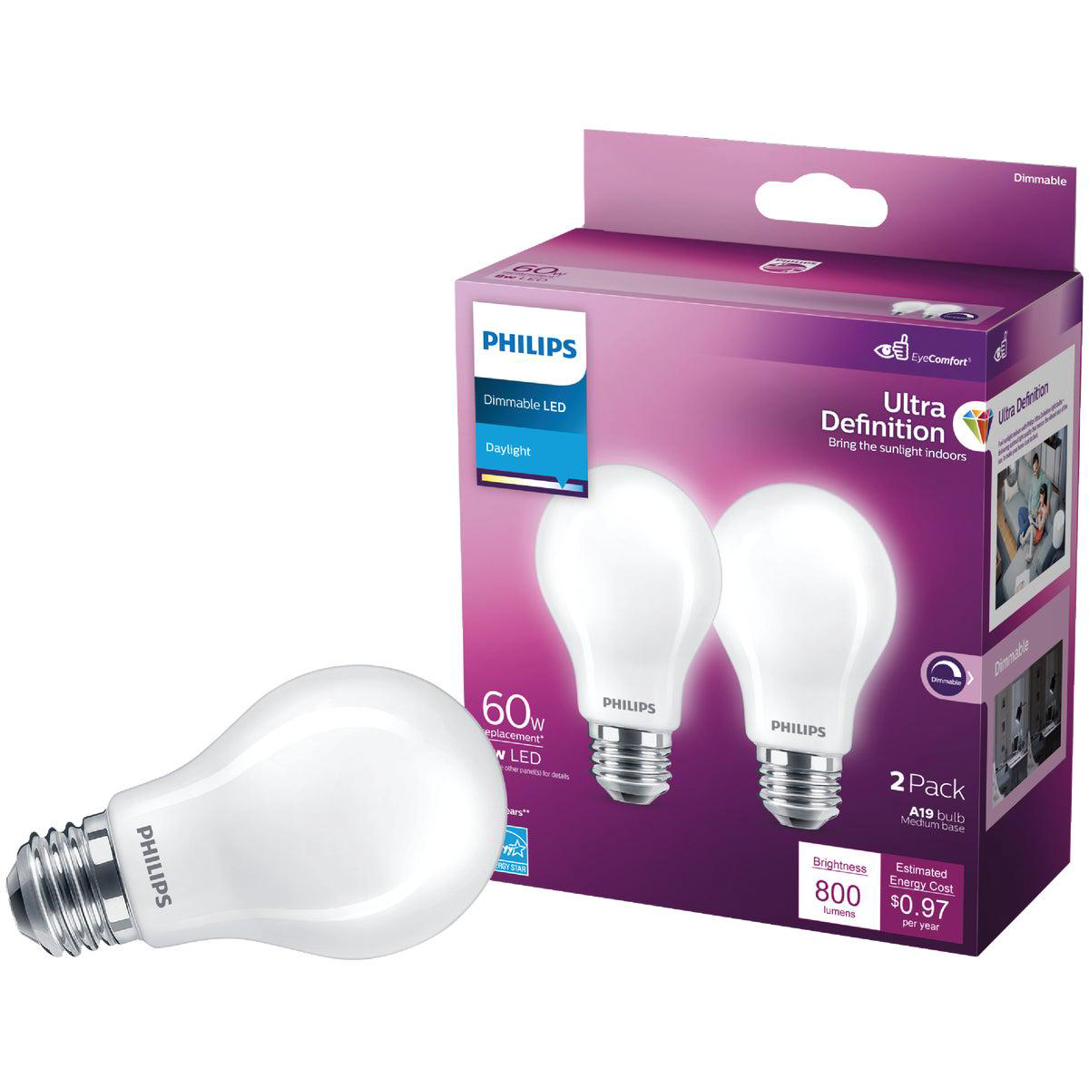 Philips Ultra Definition 60W Equivalent Daylight A19 Medium LED Light Bulb Frosted (2-Pack)