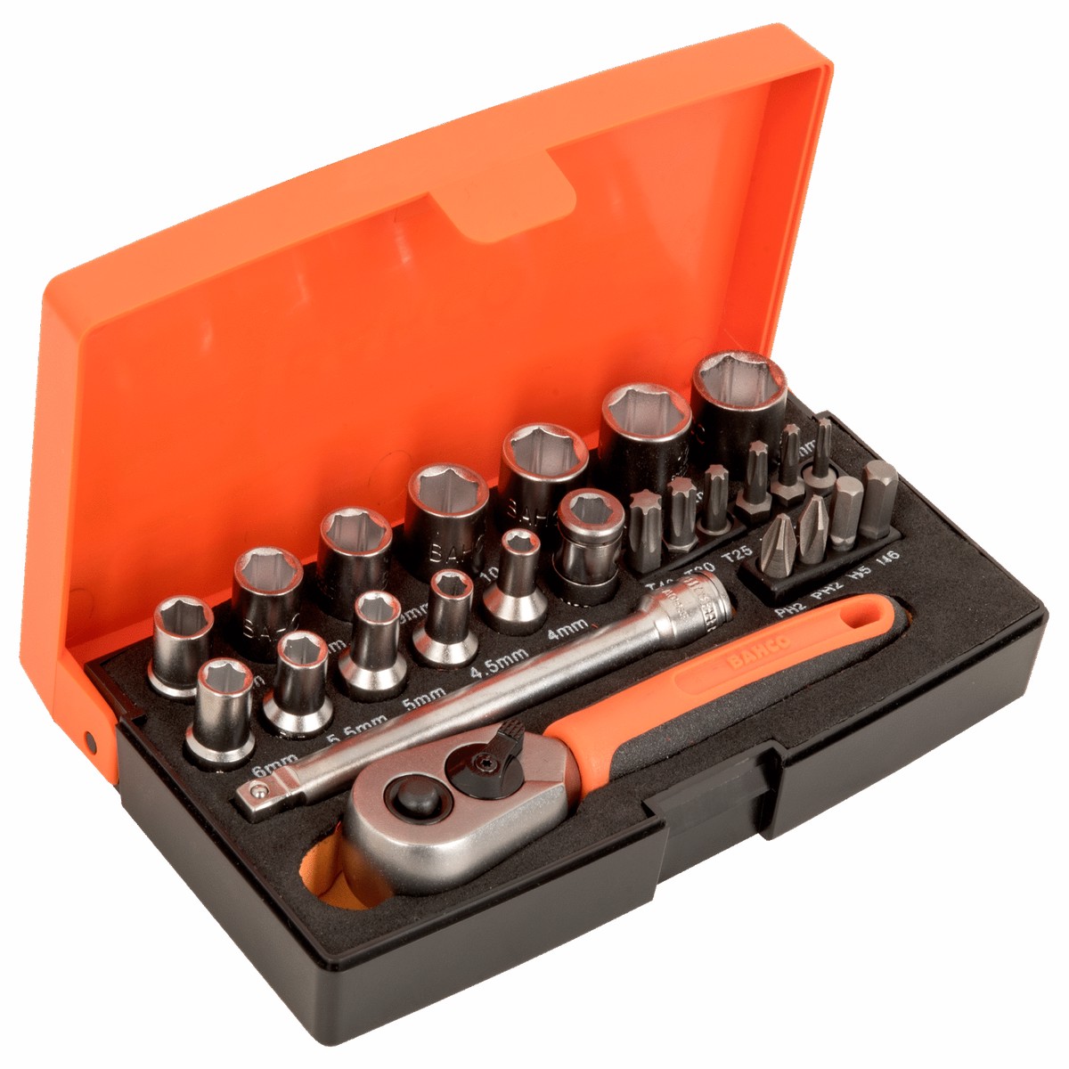 Bahco SL25 1/4" Square Drive Socket Set with Metric Hex Profile and Screwdriver Bits/Bit Holder