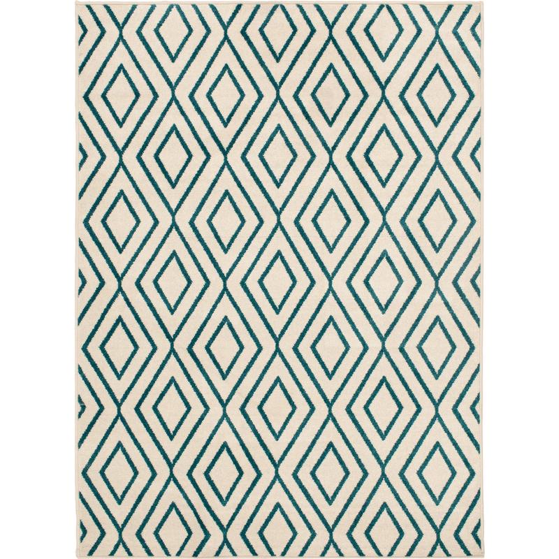 Backyard Bungalow Sierra 6 Ft. 6 In. x 9 Ft. 6 In. Concentric Diamond Ivory/Teal Plush Outdoor Rug