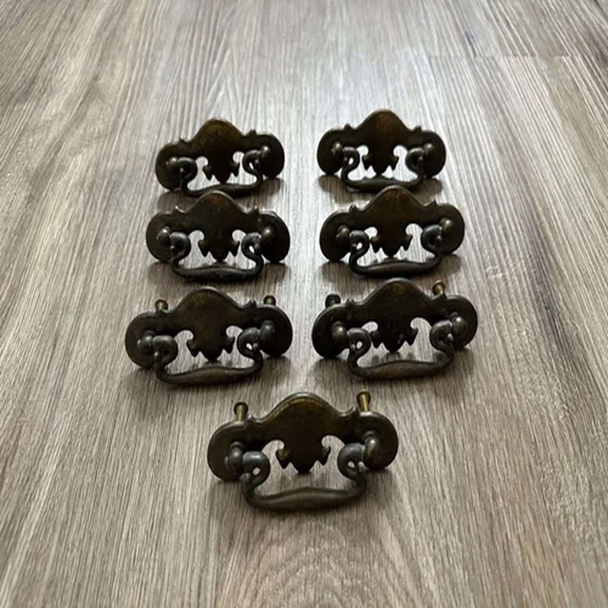 Vintage Ornate Tarnished Brass Buffet Dresser Drawer Pulls Set Of 7