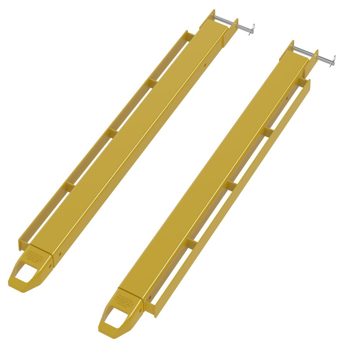 Vestil Steel Pin Style Fork Extensions with Load Rails - 4x72 Inch - 4000 lb Capacity - Yellow - FE-4-72-P-LR