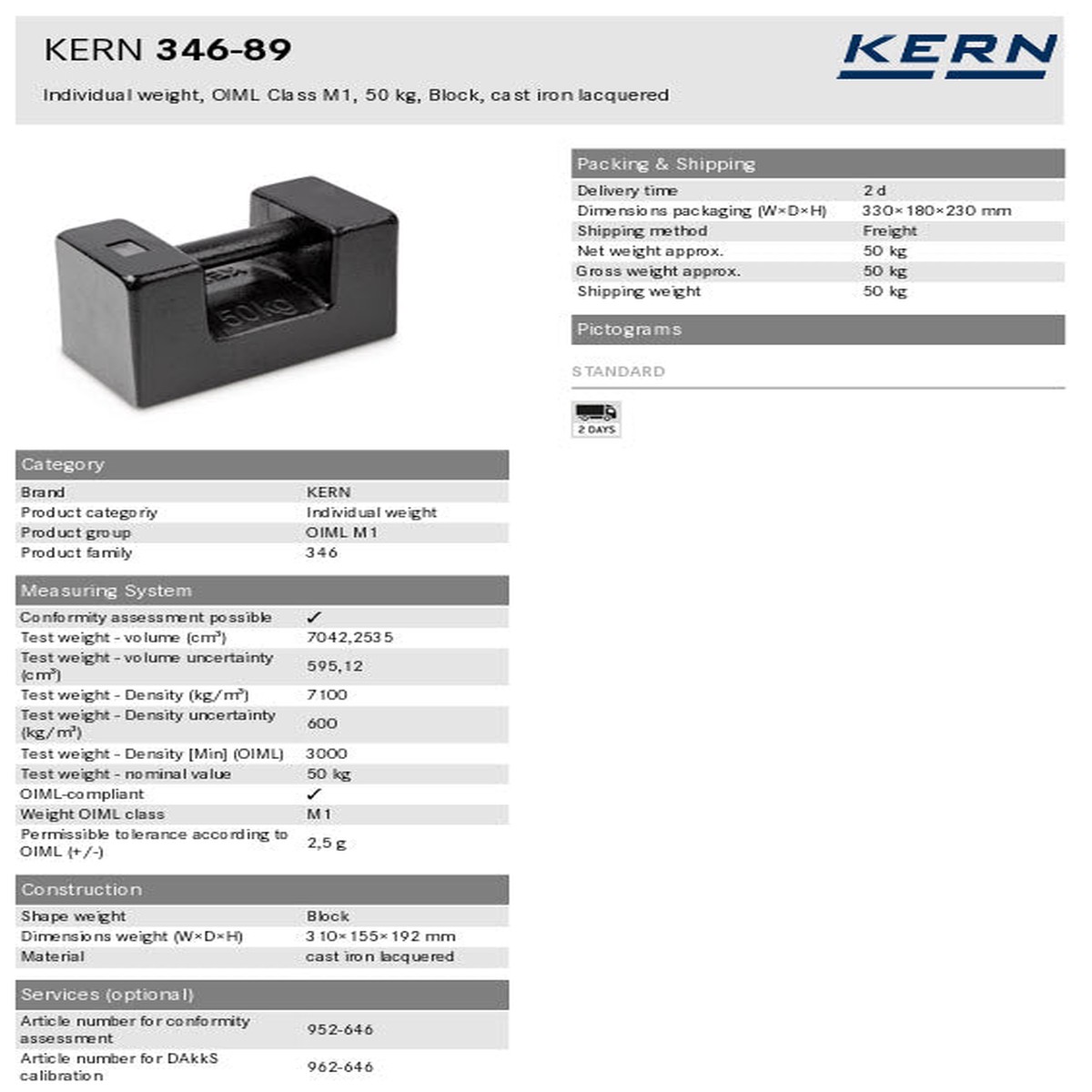 KERN Test weight 346-89, OIML Class M1, Nominal value 50 kg, Block, Cast iron lacquered