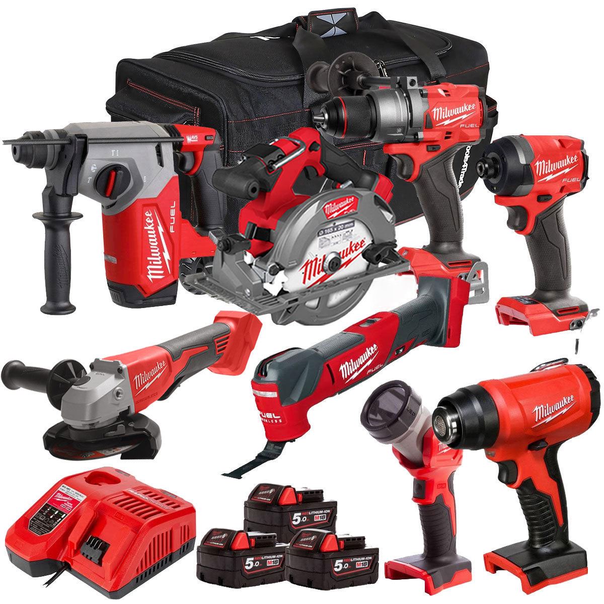 Milwaukee 18V 8 Piece Power Tool Kit with 3 x 5.0Ah Batteries T4TM-25