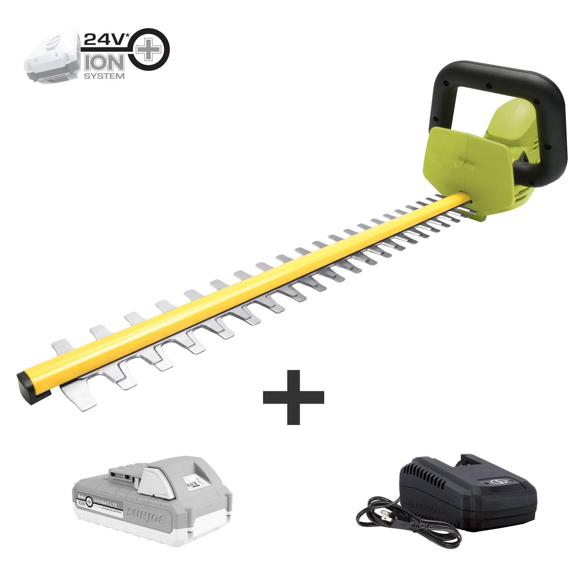 Sun Joe 24V-HT22-LTE 24-Volt iON+ Cordless Hedge Trimmer Kit | 22-Inch | W/ 2.0-Ah Battery and Charger