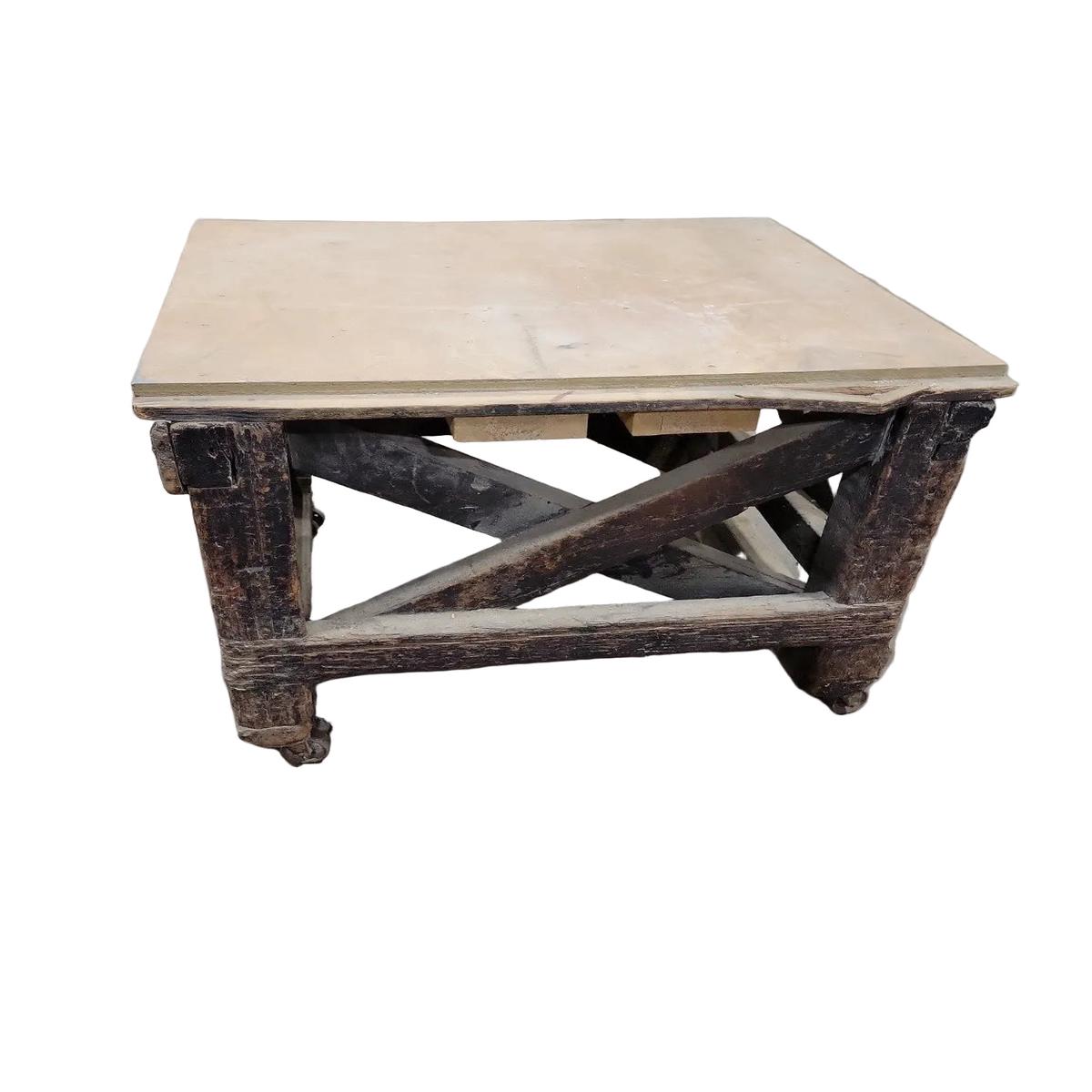 Antique Industrial Wooden Factory Cart Table with Cast Iron Casters